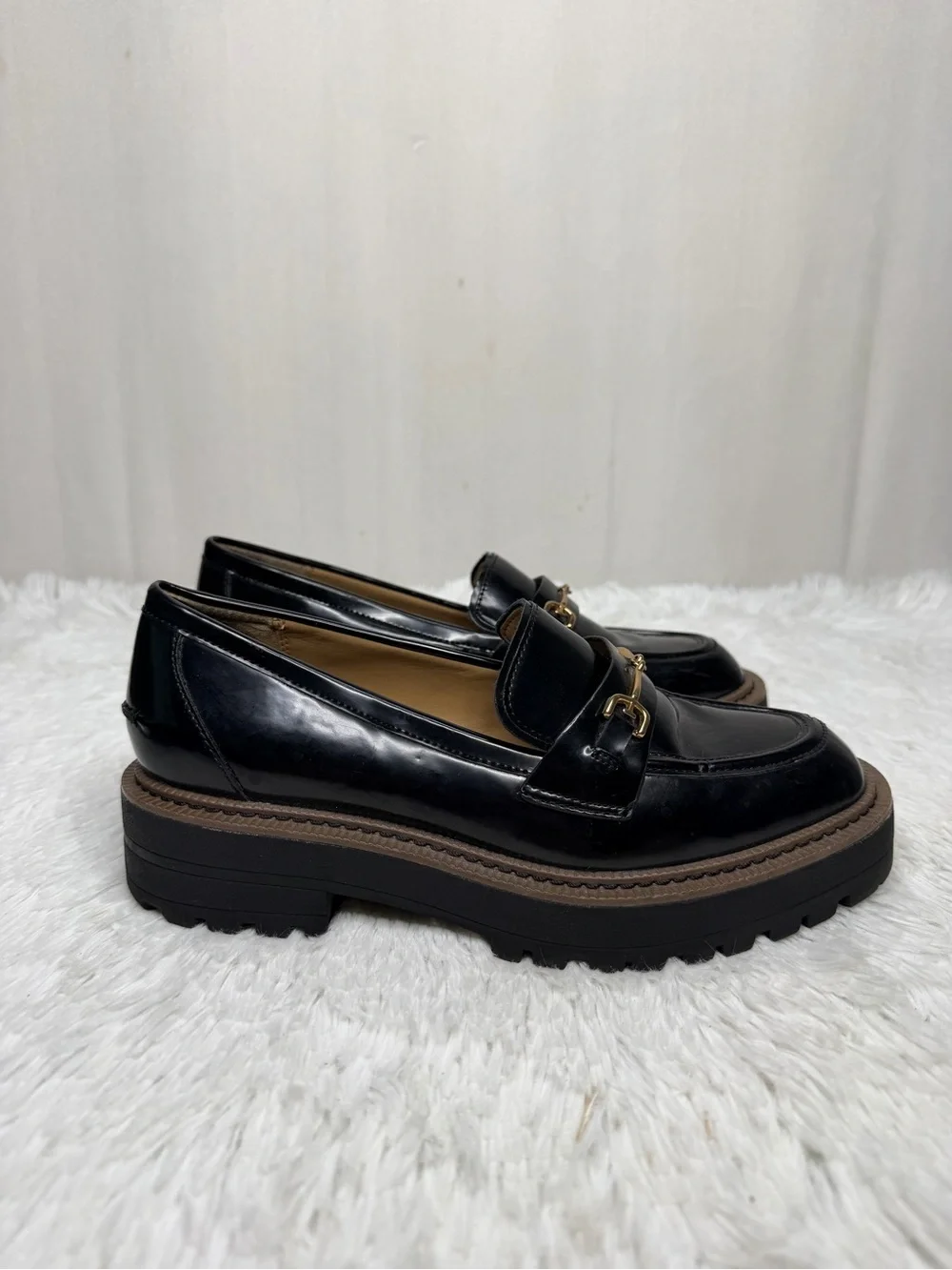 SAM EDELMAN / Laurs Chunky Black Patent Loafers Lug Sole Gold Horse Bit / 7.5